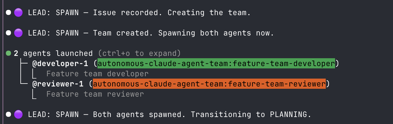 The team working together — lead coordinating developer and reviewer agents