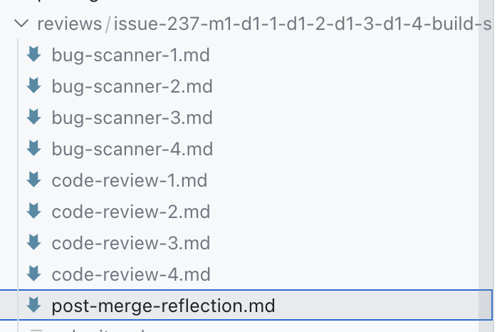 Review files tree showing bug-scanner and code-review markdown files